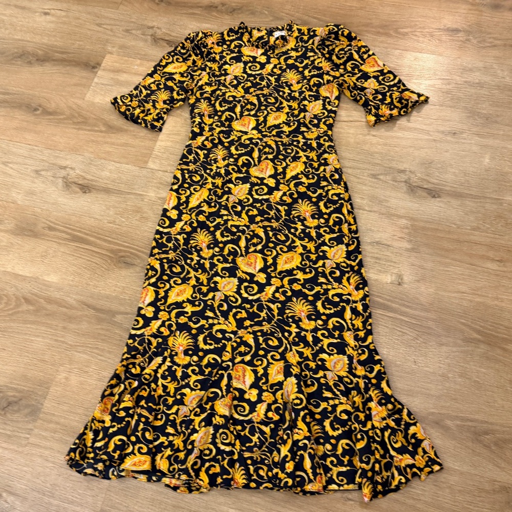 RHODE Felix Dress Black Yellow Gold Patterned Flare Midi - Picture 9 of 14